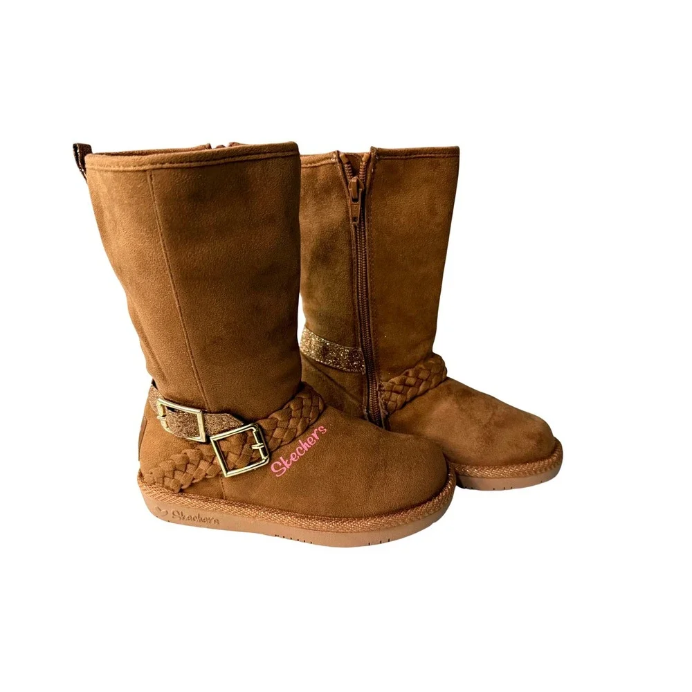Skechers Toasty Toes Kids Brown Faux Suede Glitter Buckle Boots Zip Up Sz 12